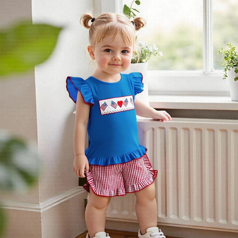 Girl's 2-Piece Embroidered 4th of July Fly Sleeve Tops & Plaid Ruffled Shorts Sets