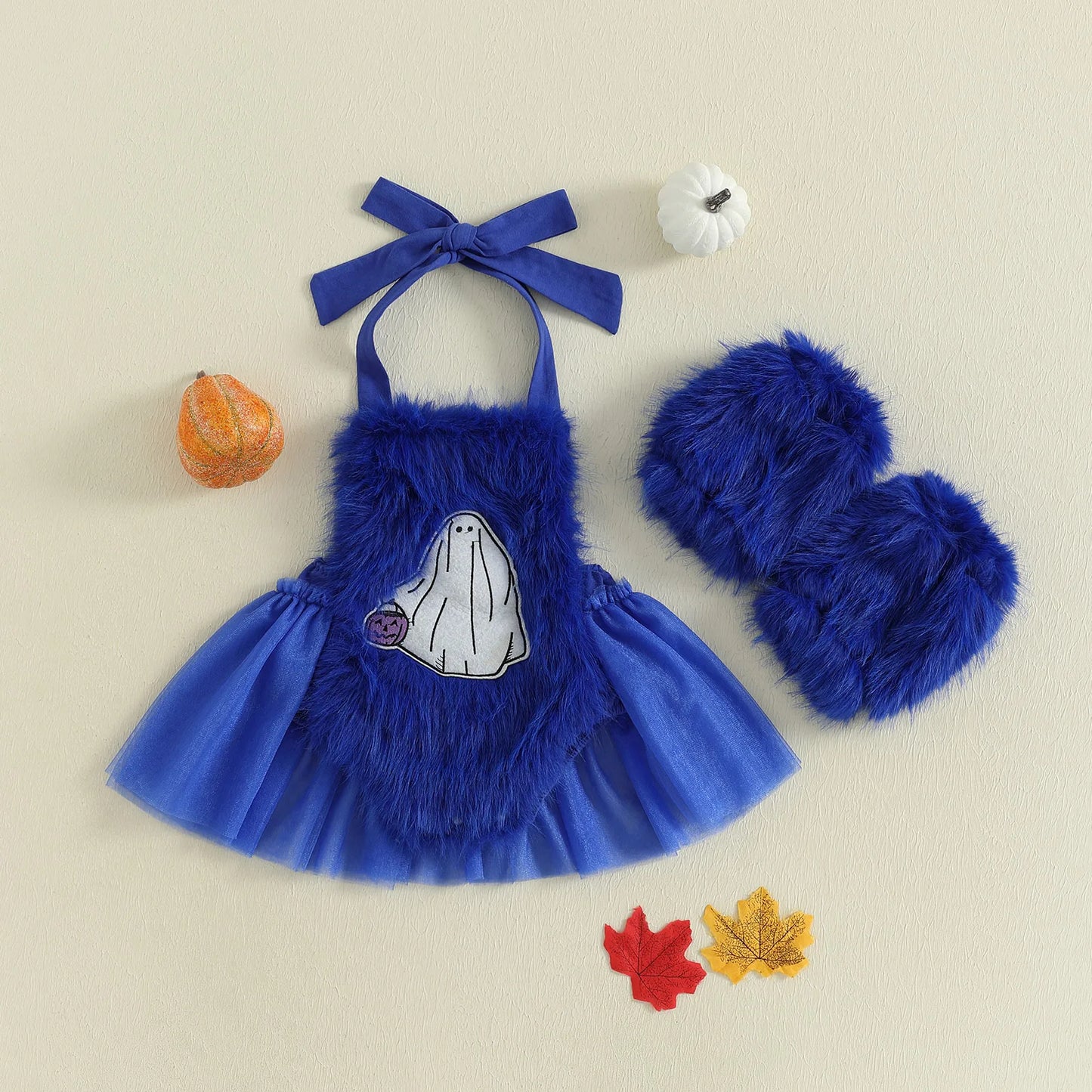 2-Piece Baby Girl's Furry Ghost Embroidered Halloween Halter Dresses with Leg Warmers
