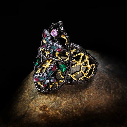 Gothic Butterfly Black & Gold Emerald Zircon Rings