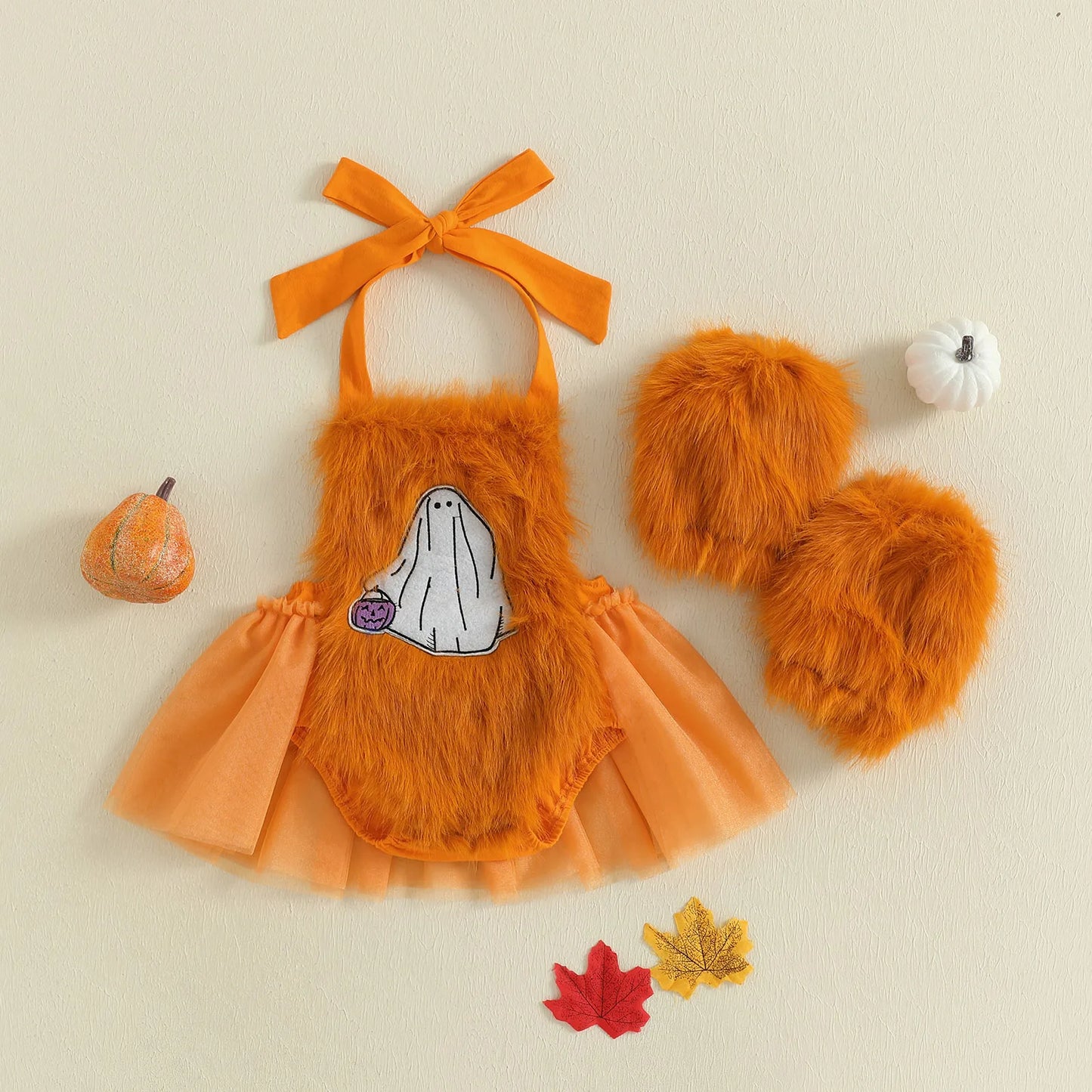 2-Piece Baby Girl's Furry Ghost Embroidered Halloween Halter Dresses with Leg Warmers