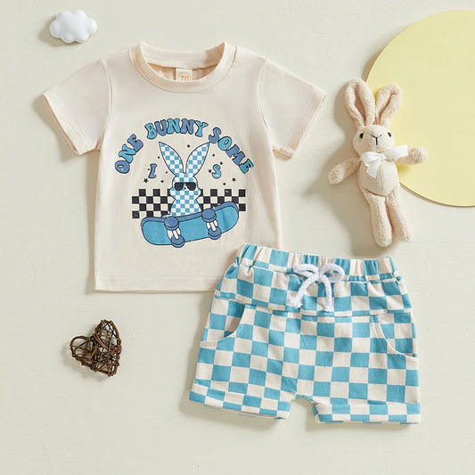 Boy's Easter Bunny T-shirts & Plaid Shorts Sets