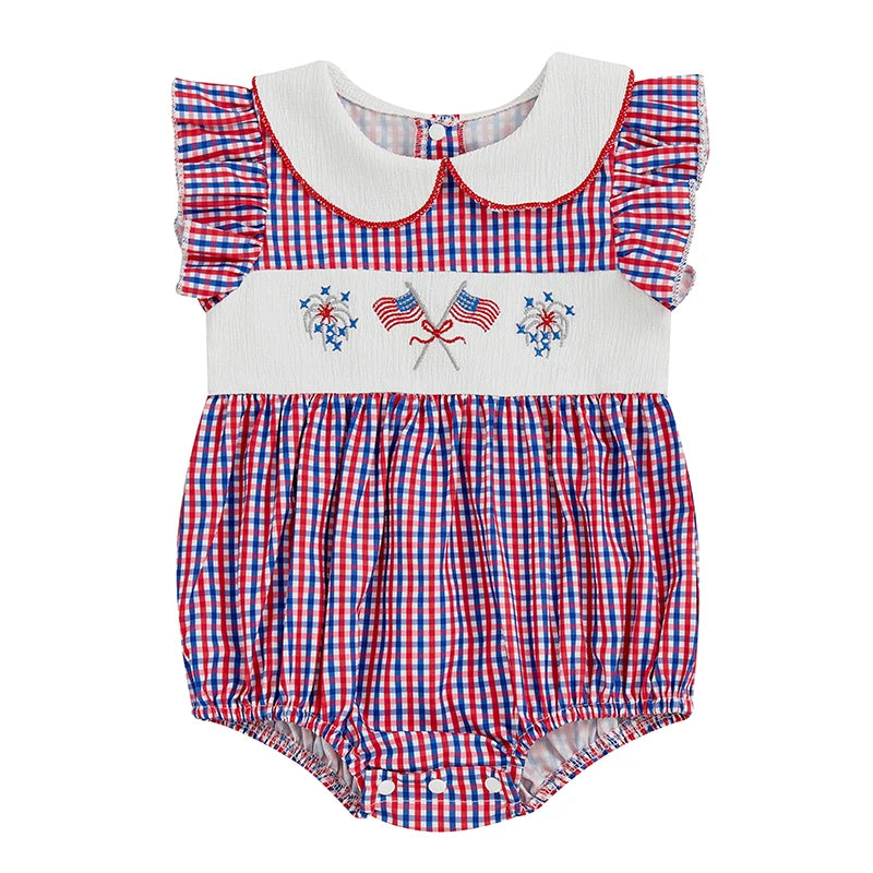 Girl's Embroidered 4th of July Plaid Doll Collar Rompers