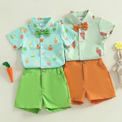 Boy's 2-Piece Easter Bunny/Egg/Carrot Bow-Tie Button Up Polos & Shorts Sets