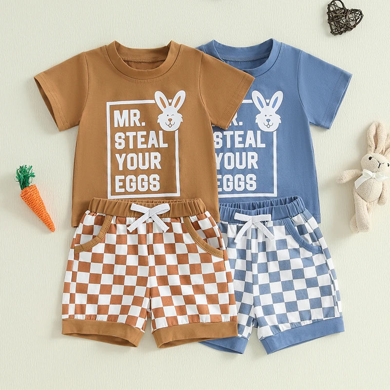 Boy's Easter Bunny T-shirt & Checkered Shorts Set