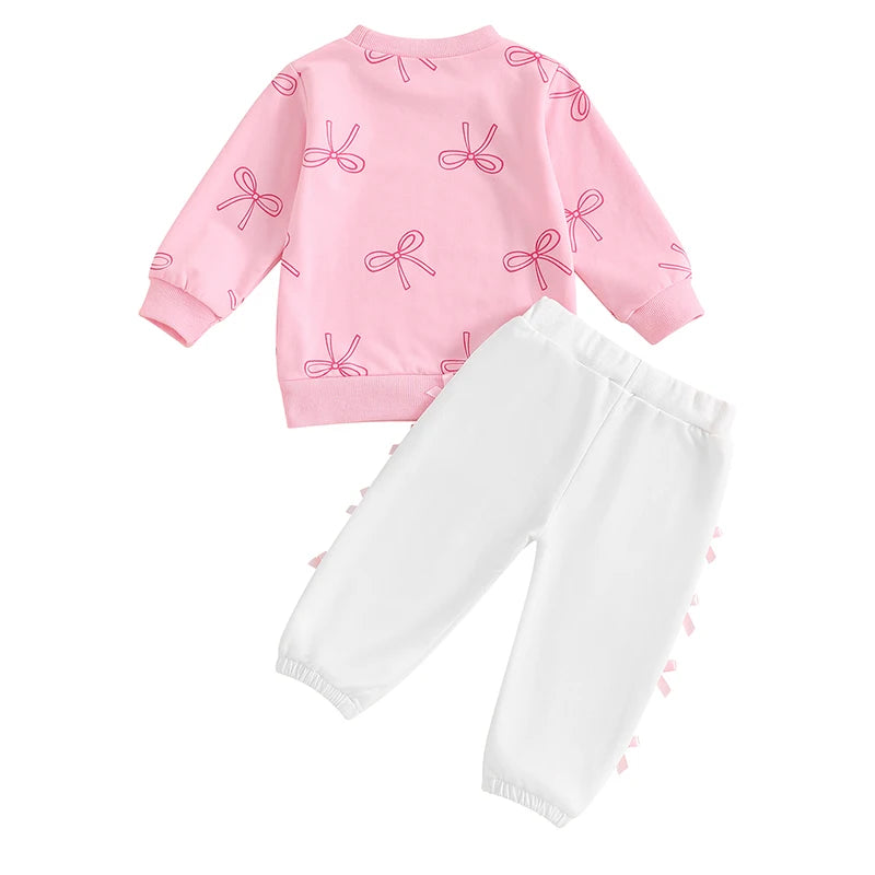 2-Piece Outfits! Girl's Pink Bow Sweatshirt & Pants Sets