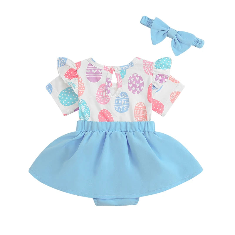 Girl's Easter Bunny, Easter Egg Ruffled Romper Dresses & Headband Sets