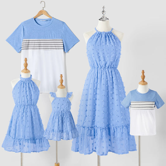 Family Matching! Blue Swiss Dot Textured Halter Neck Sleeveless Dresses and Short-sleeve Striped  T-shirts Sets