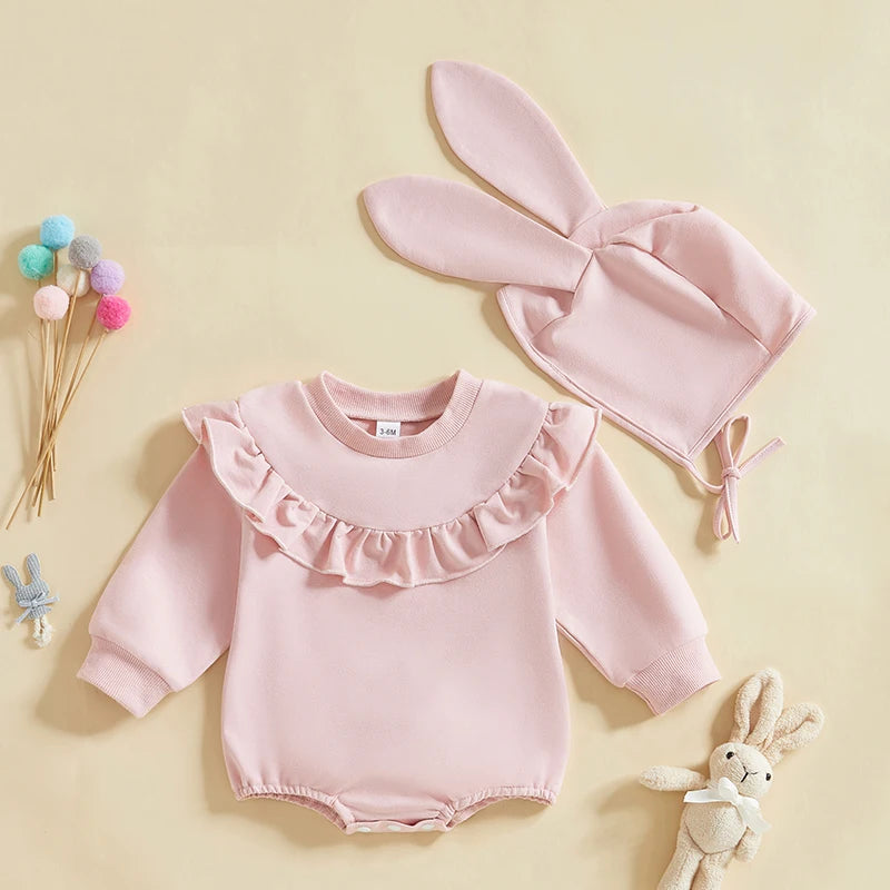 Girl's Ruffled Easter Bunny Tail Onesie & Bunny Ear Hat Sets