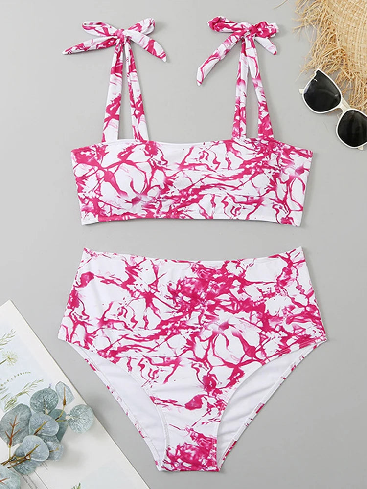 Pink Print Tied Strapped 2 Piece Plus BikiniPush Up Swimsuit High Waist Bathing Suit