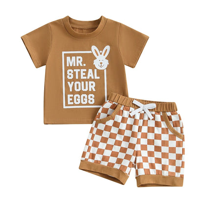 Boy's Easter Bunny T-shirt & Checkered Shorts Set