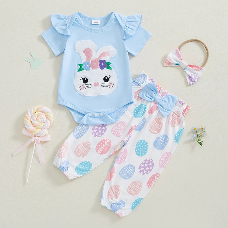 Girl's 3-Piece Embroidered Easter Bunny Onesie, Egg Pants & Bow Headband Sets