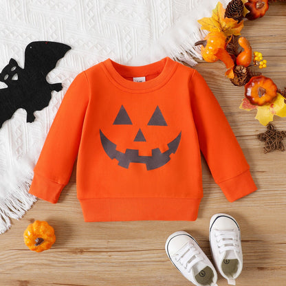 Halloween Baby Boy/Girl Cotton Long-sleeve Glow In The Dark Pumpkin Face Print Sweatshirt