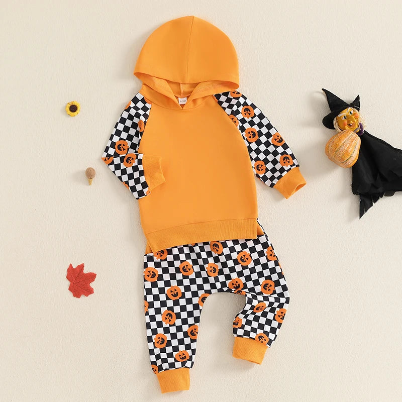 2-Piece Halloween Outfits! Boy’s Long Sleeve Ghost Pumpkin Hooded Sweatshirts & Pants Sets