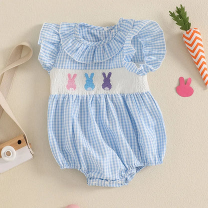 Girl's Embroidered Easter Bunny Plaid Ruffled Rompers