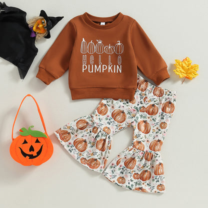 2-Piece Halloween Outfits! Girl’s Long Sleeve Pumpkin Sweatshirt & Pants Sets