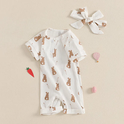 Girl's Short Sleeve Bunny Romper & Bow Headband Sets