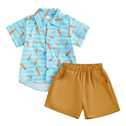 Boy's 2-Piece Easter Bunny/Carrot Button-Up Polos & Shorts Sets