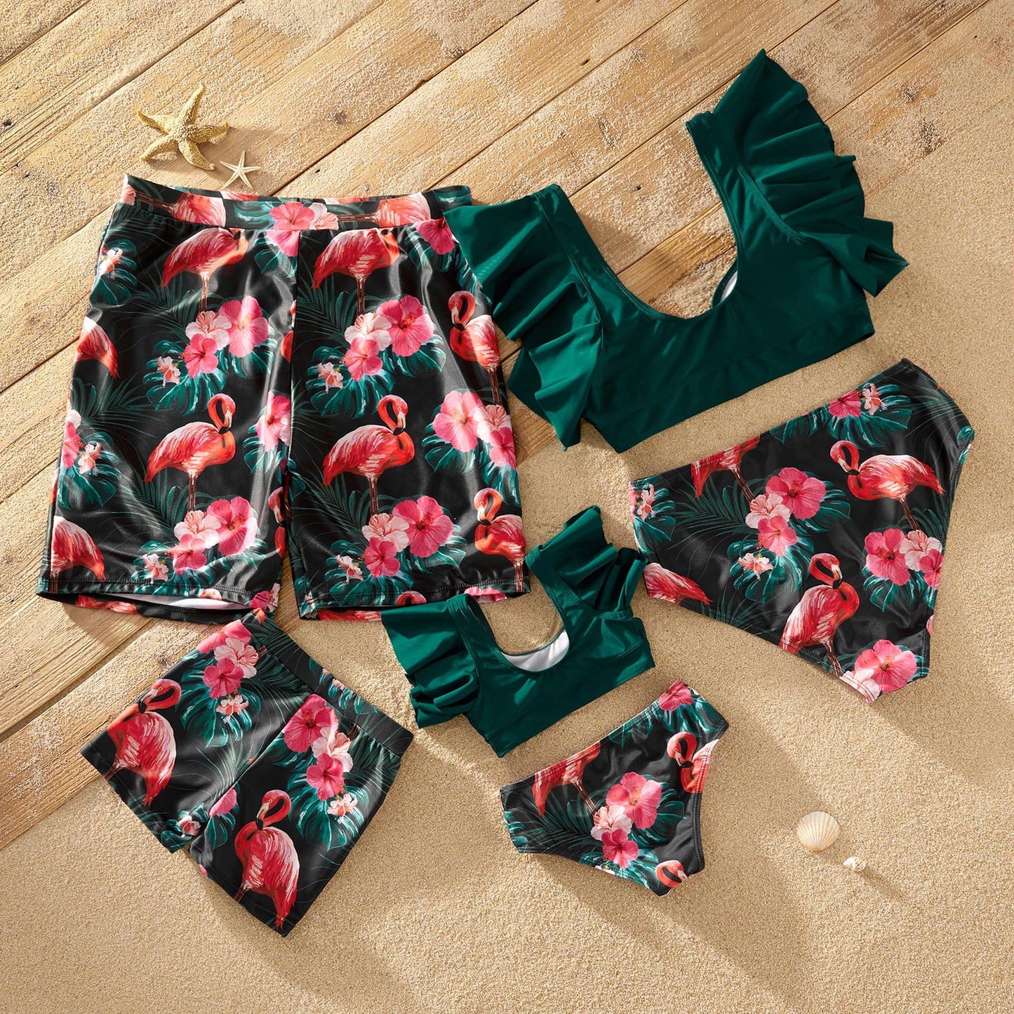 Family Matching! Ruffle Sleeve Flamingo Print Family Matching Swimsuits