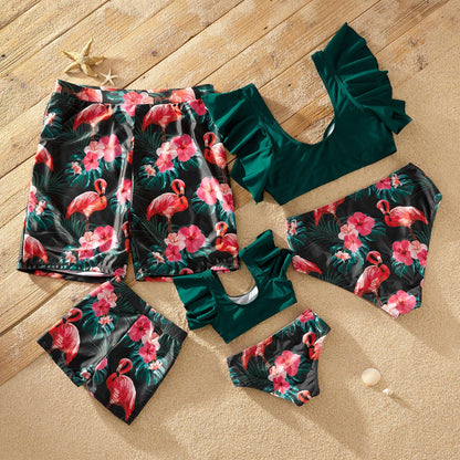 Family Matching! Ruffle Sleeve Flamingo Print Family Matching Swimsuits