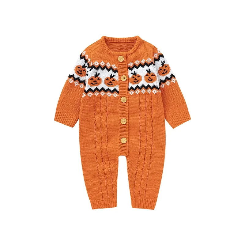 Halloween Pumpkins! Girl's & Boy's Warm & Cozy Knit Sweater Button-Up Rompers