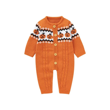 Halloween Pumpkins! Girl's & Boy's Warm & Cozy Knit Sweater Button-Up Rompers