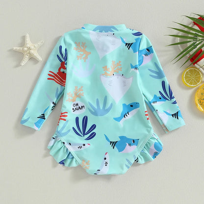 Kids Girls Bikini Long Sleeve Swimsuit Animal Print Zipper Swimwear Beach Clothes Suit