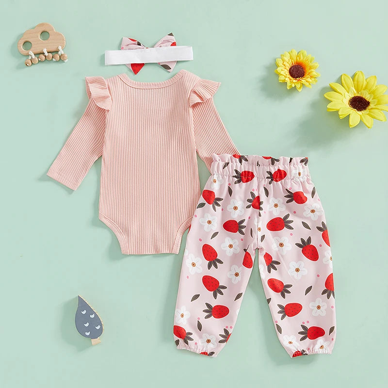 3-Piece Fall Outfits! Girl’s Long Sleeve Flower, Onesies, Pants& Bow Headband Sets