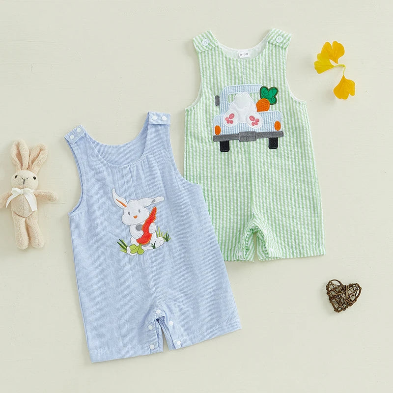 Girl's & Boy's Striped Embroidered Easter Bunny, Truck, Carrot Overall Jumpsuits