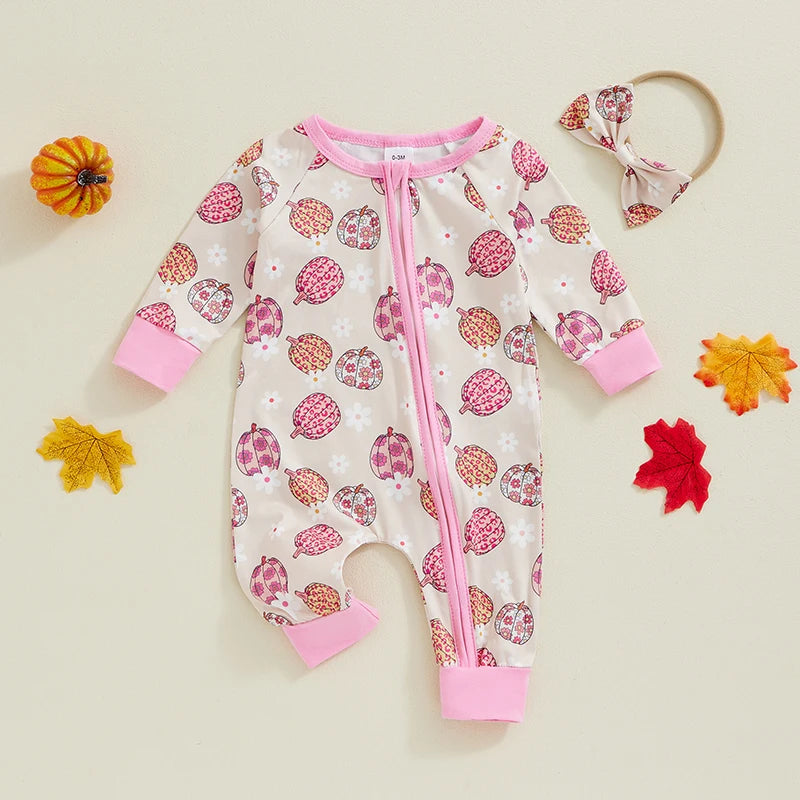 2-Piece Halloween Outfits! Girl’s Long Sleeve Pumpkin, Flower, Onesies & Headband Sets