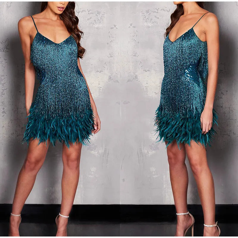 Womens Flirty Feather Mini Party Dress