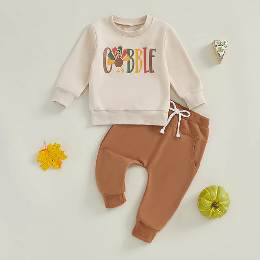 2-piece Thanksgiving Sets! *GOBBLE* Turkey Boy's & Girl's Fall Sweatshirts & Sweatpants Outfits