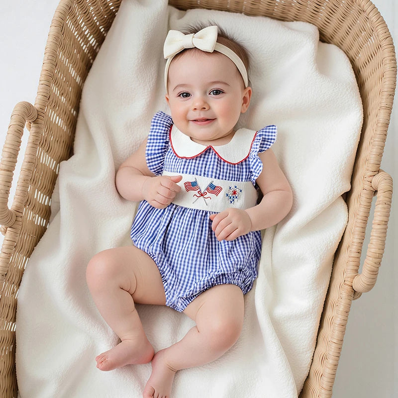 Girl's Embroidered 4th of July Plaid Doll Collar Rompers