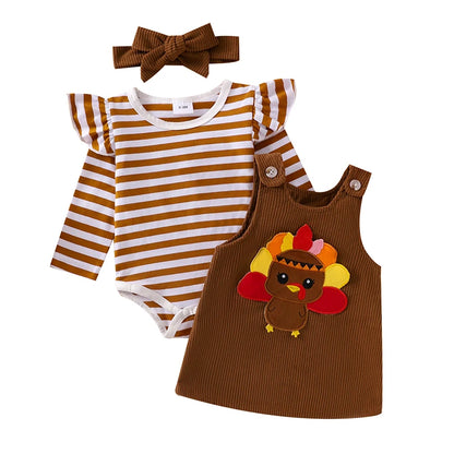 3-Piece Christmas Outfits! Girl’s Embroidered Onesies, Overall Dresses & Bow Headband Sets