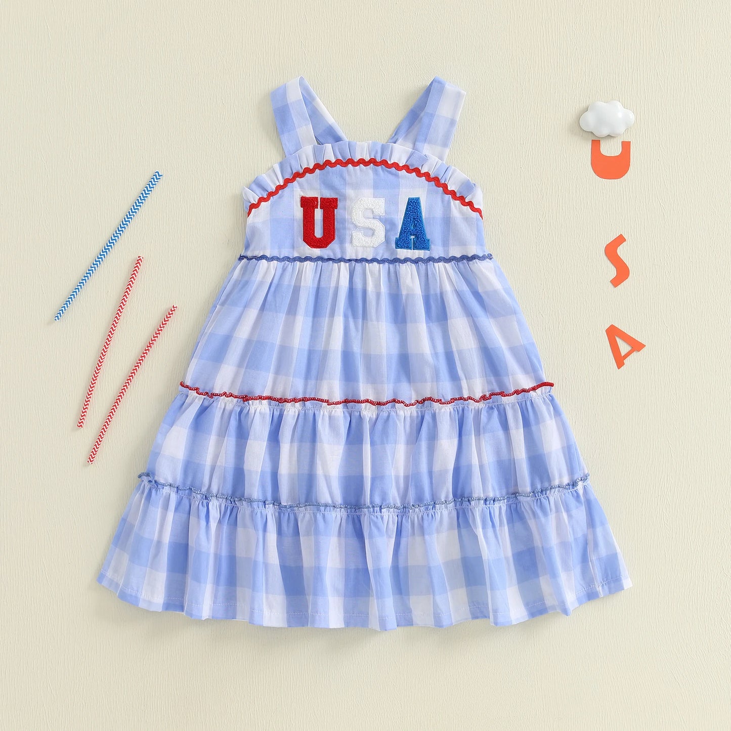 Girl's Plaid Embroidered USA 4th of July Dresses