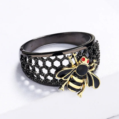 3-piece Black & Gold Style Enamel Bee Rings, Necklace & Earrings Sets