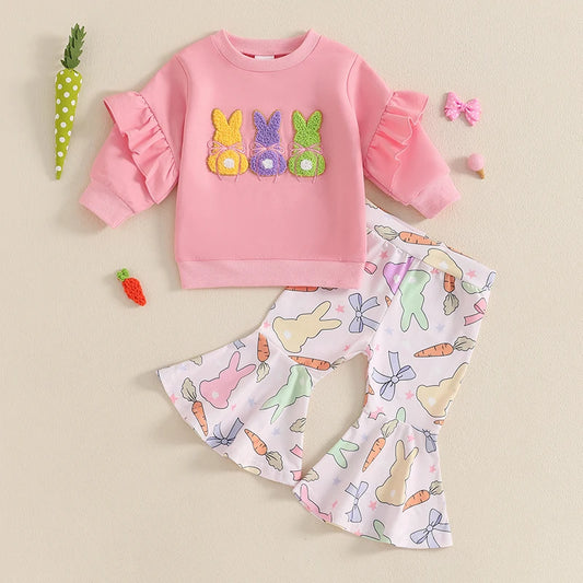 Girl's Easter & Bunny Embroidered Sweatshirt & Bow Flare Pants Sets