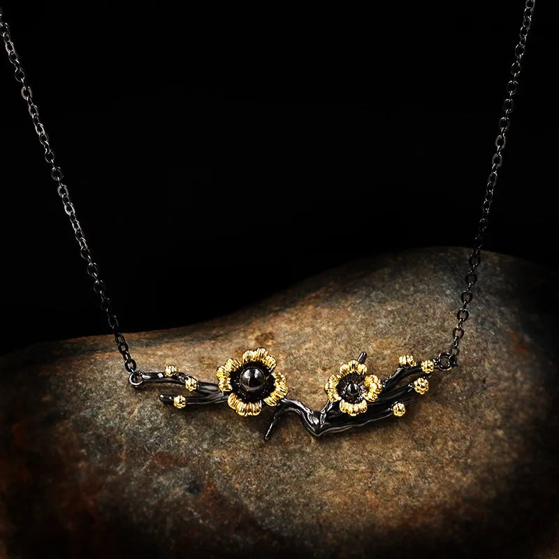 Plum Blossom Crystal Zircon Black & Gold Series Necklace
