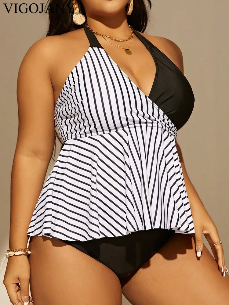 Sexy Patchwork Strapped Plus Tankini SetVerge Push Up Swimsuit Backless Summer Beach Bathing Suit