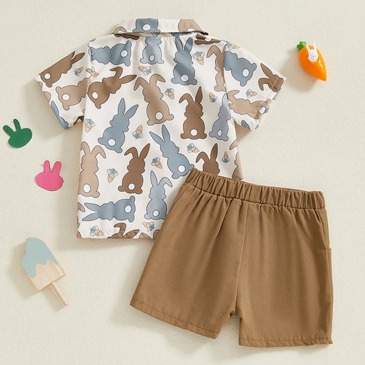 Boy's Easter Bunny Button-up Bow Tie Shirt & Shorts