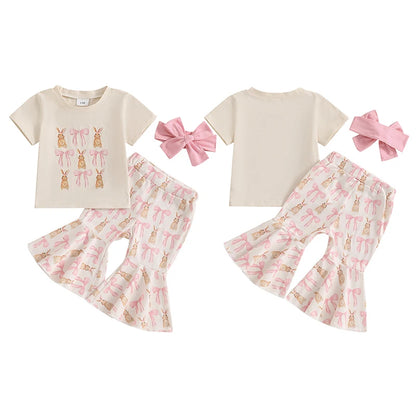 Girl's Easter Bunny T-Shirt, Flare Pants & Bow Headband Sets3-Piece Set