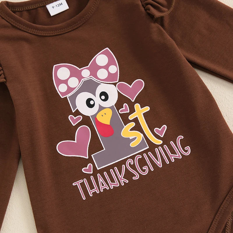 3-Piece Thanksgiving Outfits! Girl’s Long Sleeve Turkey Rompers, Pants& Bow Headband Sets