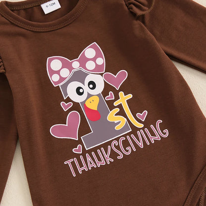 3-Piece Thanksgiving Outfits! Girl’s Long Sleeve Turkey Rompers, Pants& Bow Headband Sets