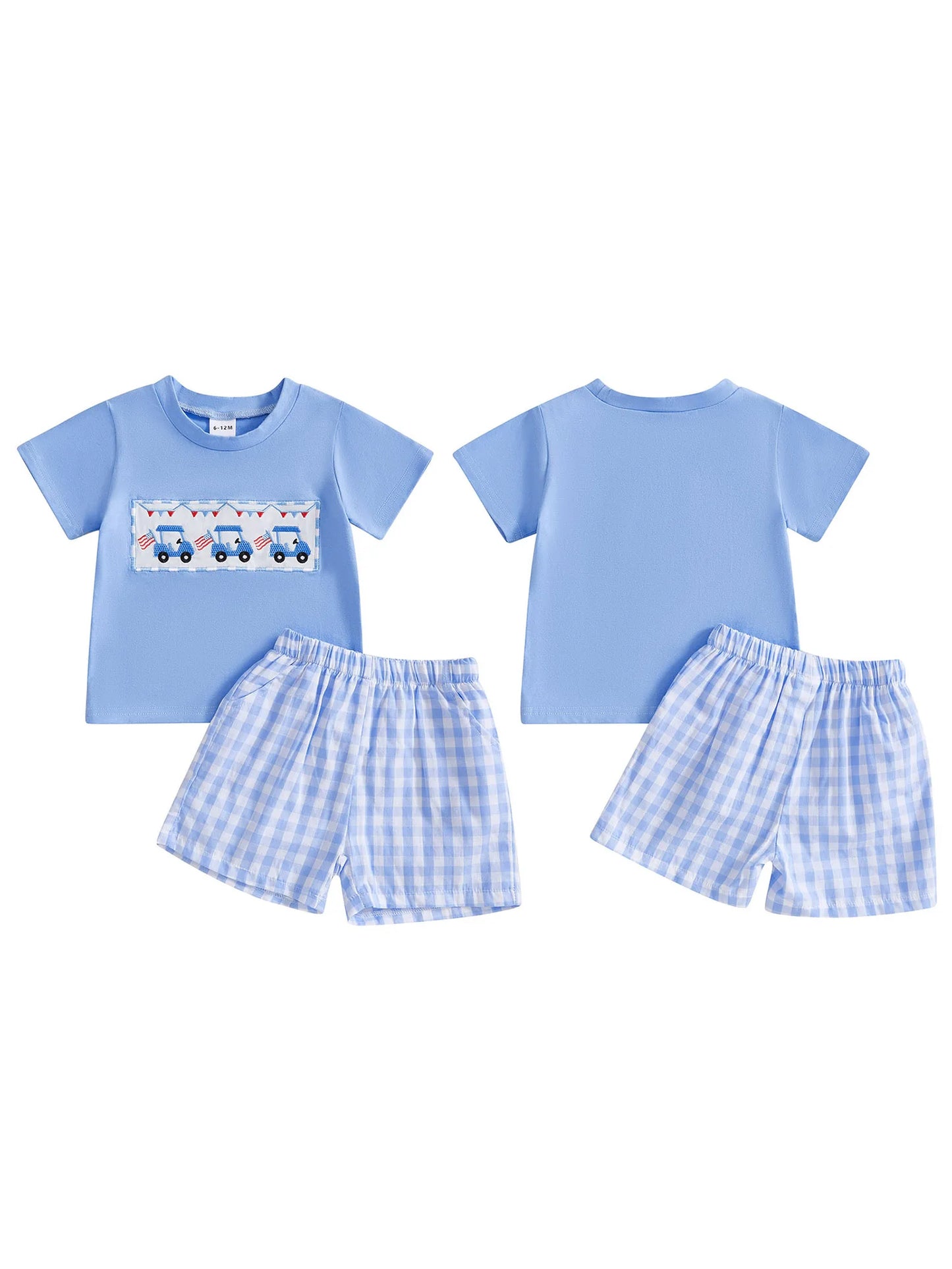 Boy's 2-Piece Embroidered Golf Cart 4th of July T-Shirts & Plaid Shorts Sets