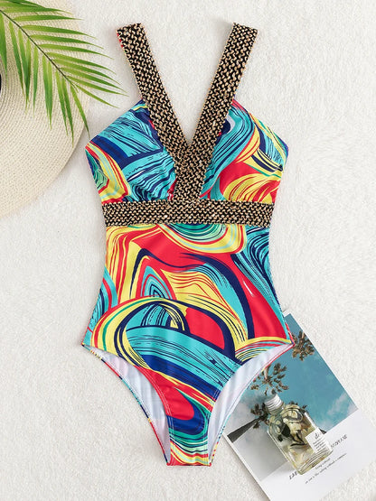 Print Strapped SwimwearPush UP One Piece Swimsuit Monokini Backless Hollow Summer Bathing Suit