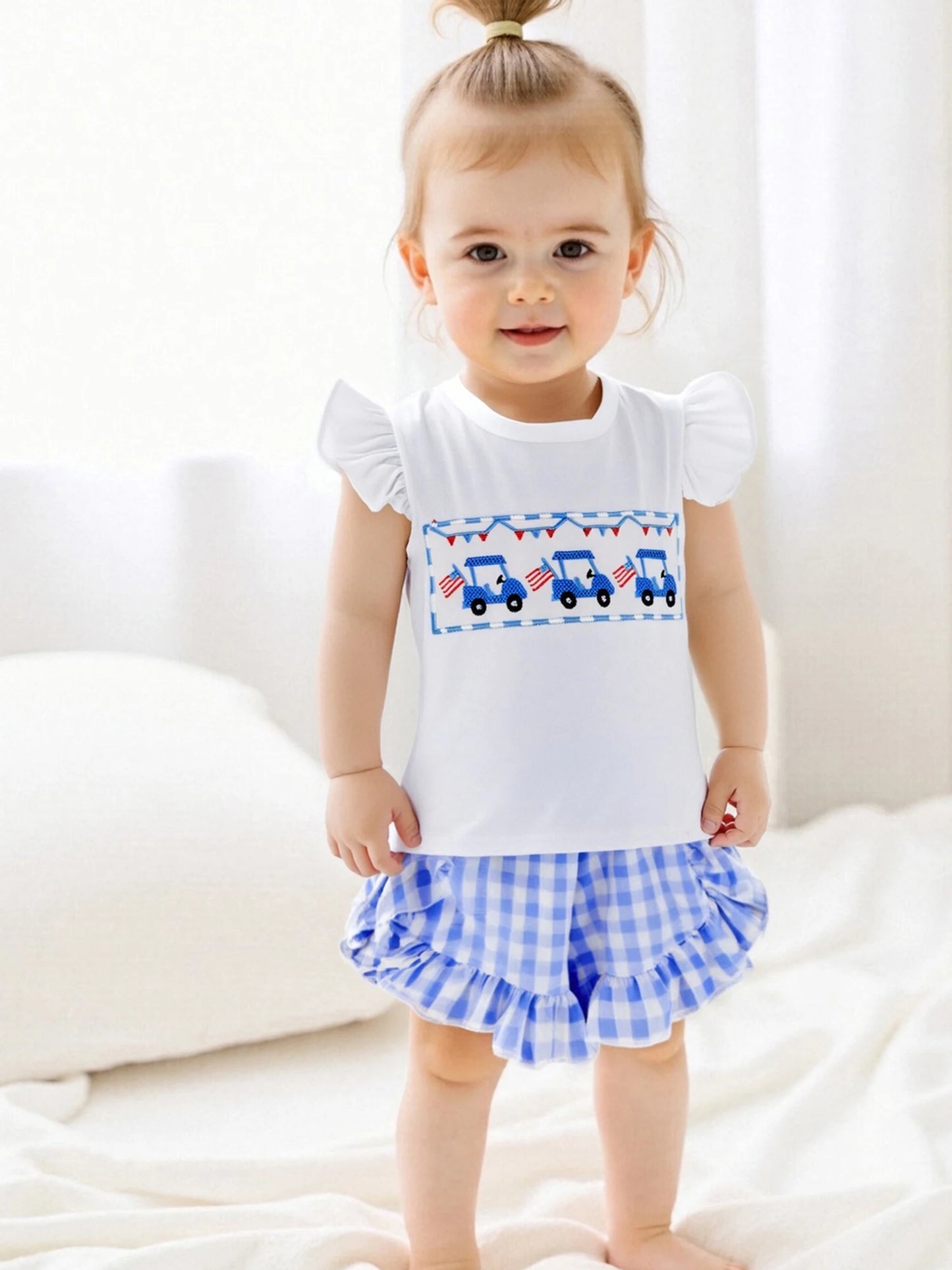 Girl's 2-Piece Embroidered 4th of July Fly Sleeve Golf Cart Top & Ruffled Plaid Shorts Sets