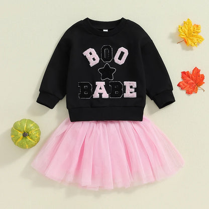 Girl's Halloween 2-Piece "Boo Babe" Embroidered Sweatshirt & Tulle Skirt Sets