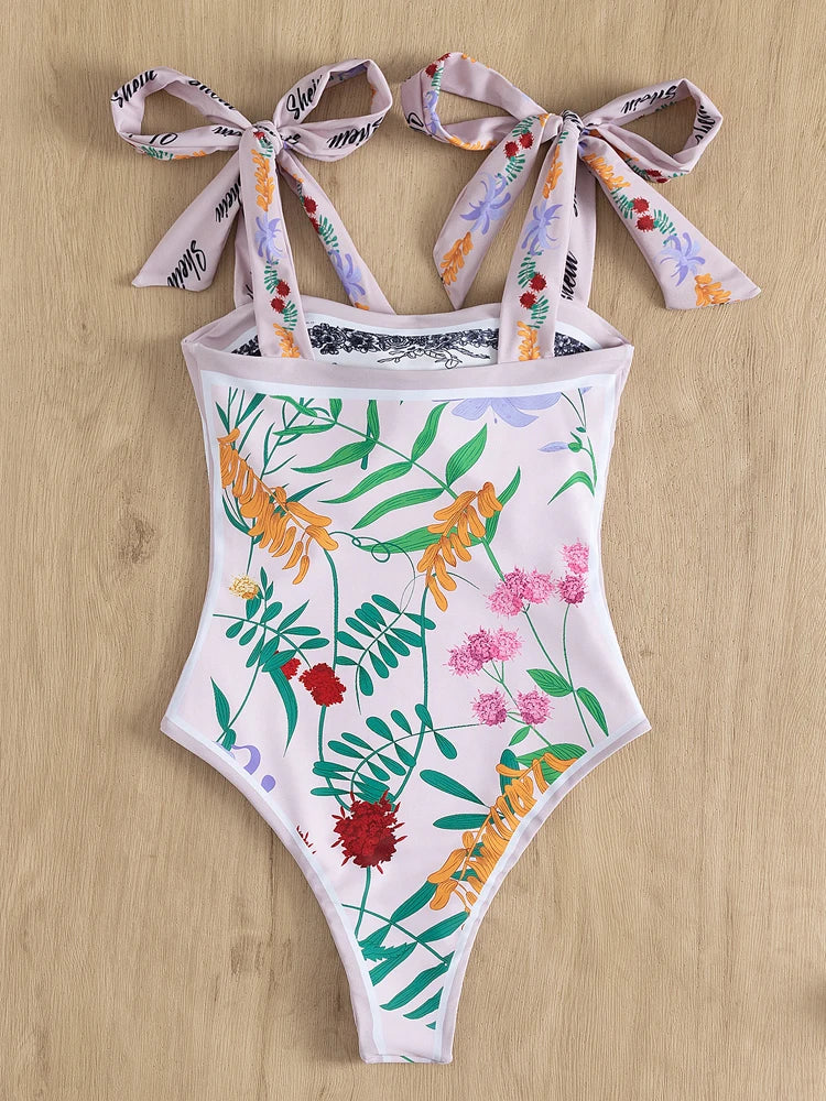 Print Tied Strapped SwimwearPush UP High Cut One Piece Swimsuit Monokini Summer Beach Bathing Suit