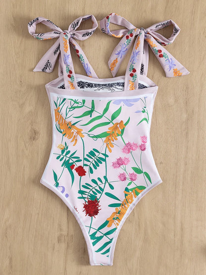 Print Tied Strapped SwimwearPush UP High Cut One Piece Swimsuit Monokini Summer Beach Bathing Suit