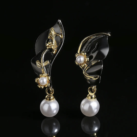 Pearl Black & Gold Style Earrings Asymmetrical Leaves Flowers & Soft