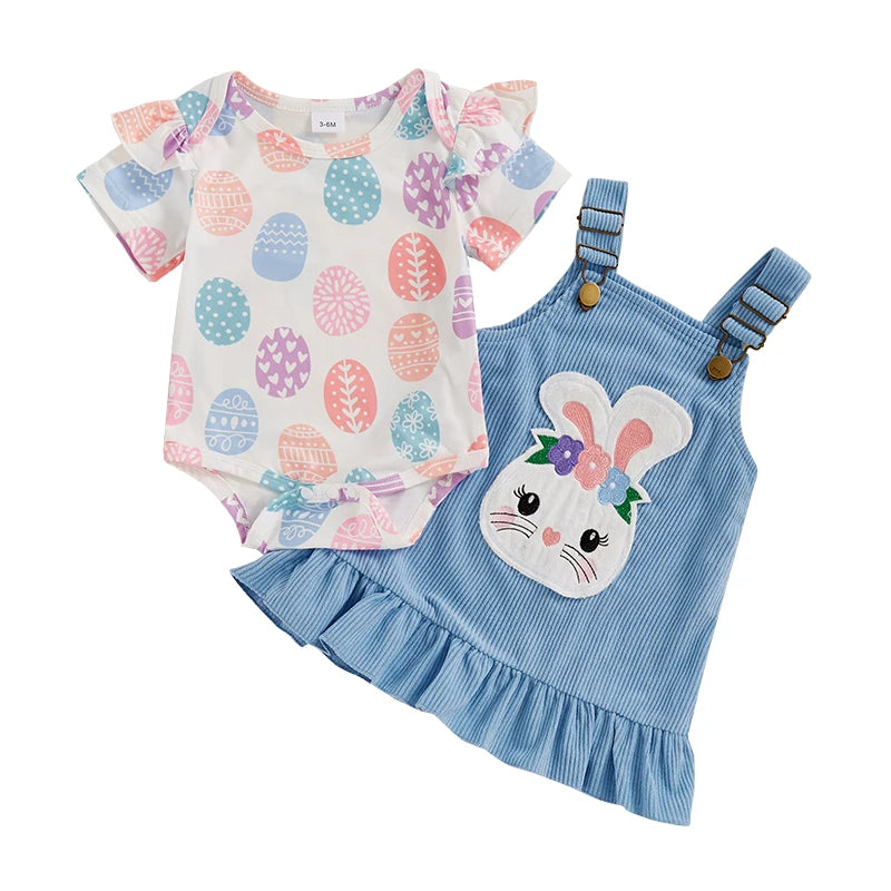 Girl's 2-Piece Easter Egg Onesie & Bunny Corduroy Suspender Dress Outfit Sets